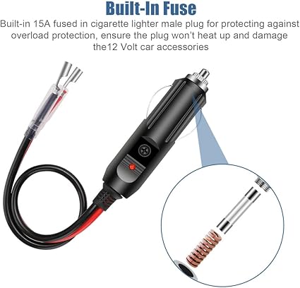 Cigarette Lighter power plug, 12 VDC, 15A fuse
